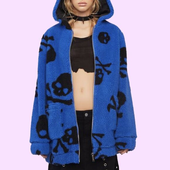 NWT💙 Sapphire Blue Skull Sherpa Jacket Coachella Sold Out on Website - Picture 1 of 3